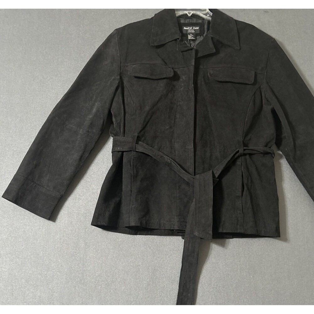Vintage Neutral Zone Black Suede Leather Belted Jacket Women's Size L Missy Y2K